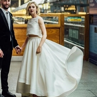 New Arrival Affordable Modest Bateau Neck Two Piece High Low Bridal Separates Wedding Dress - Thumbnail 3