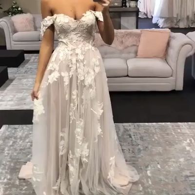 Boho a-line off the shouder tulle lace beach wedding dress - Thumbnail 3