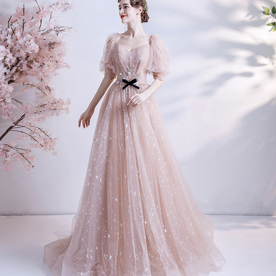 Pink tulle long a line prom dress evening dress - Thumbnail 4