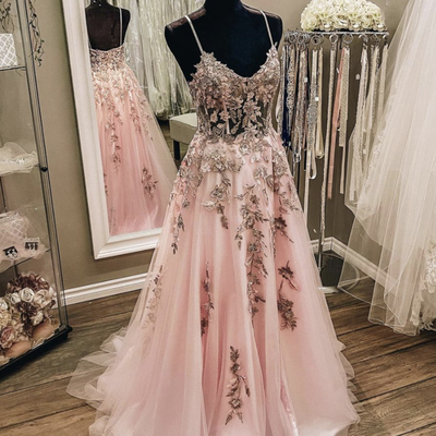 Pink lace long a line prom gown pink formal dress - Thumbnail 3
