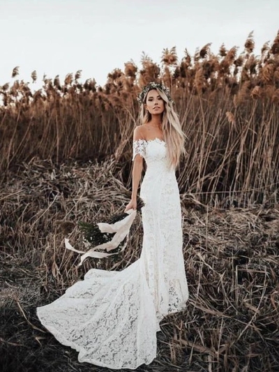 Stunning Country Lace Mermaid Off the Shoulder Wedding Dress Rustic Wedding