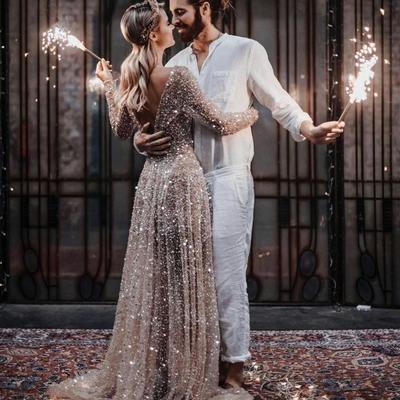 Sprikle a line sequins lace wedding dresses crew neck beading bridal gowns，879