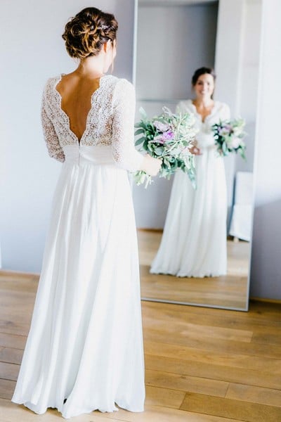 Simple A Line Wedding Dresses 3/4 Long Sleeve Delicate Lace Chiffon Bridal Gowns，881