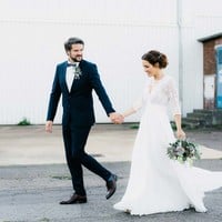 Simple A Line Wedding Dresses 3/4 Long Sleeve Delicate Lace Chiffon Bridal Gowns，881 - Thumbnail 2