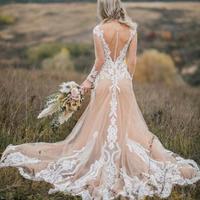 Champagne Beach Boho Wedding Dresses A Line Sweetheart Neckline Illusion Long Sleeve Tulle Sweep Train Applique Lace Wedding Bridal Gowns,882 - Thumbnail 1