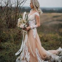 Champagne Beach Boho Wedding Dresses A Line Sweetheart Neckline Illusion Long Sleeve Tulle Sweep Train Applique Lace Wedding Bridal Gowns,882 - Thumbnail 2