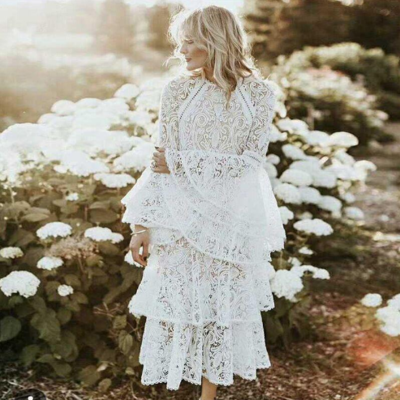 Sexy flare sleeve white long lace dress,short wedding dresses,beach bridal gowns,883