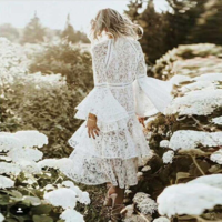 Sexy Flare Sleeve White Long Lace Dress,Short Wedding Dresses,Beach Bridal Gowns,883 - Thumbnail 2