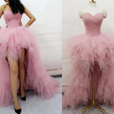 Puffy long tulle pink party dress,pink tulle high low ruffle party dresses, lace-up elegant formal dresses,high low pink tulle prom dress,885