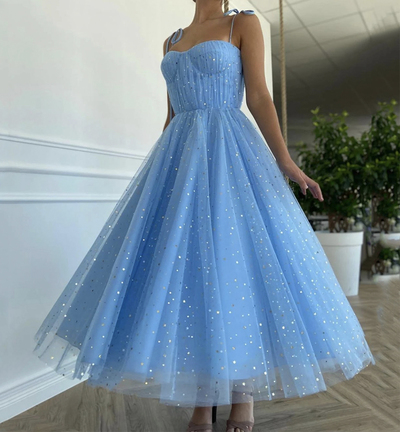 Blue tulle tea length prom dress blue evening dress,886