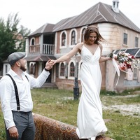 Elegant Sheath V Neck Straps White Soft Satin Wedding Dress for Bride - Thumbnail 1