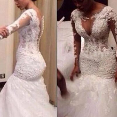 Trumpet/mermaid v-neck long sleeves lace floor-length tulle wedding dresses,887