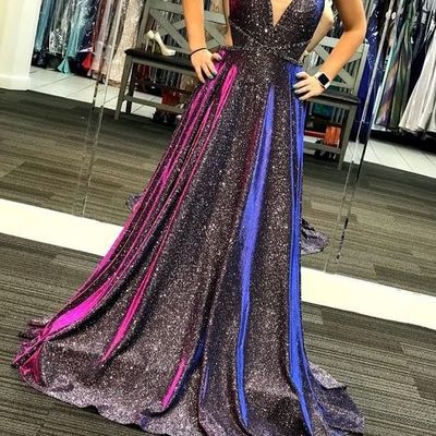 Glitter a-line v neck navy blue sparke satin long prom dresses - Thumbnail 4