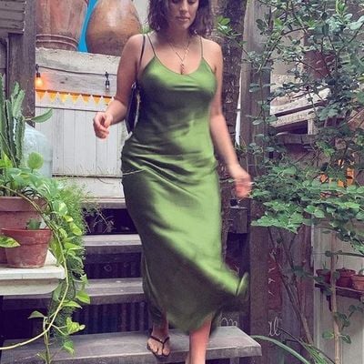 Charming sheath scoop neck green silk midi prom evening dress - Thumbnail 5