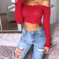 Long Sleeve One Word Collar Tube Top Women'S Top - Thumbnail 2