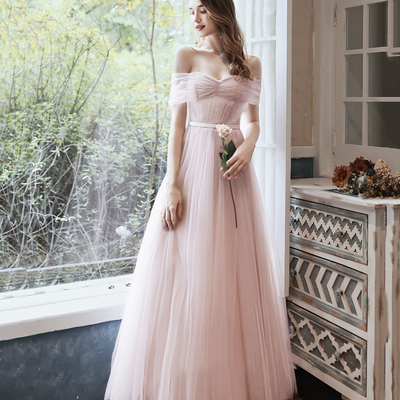 Pink tulle long prom dress a line evening dress - Thumbnail 3