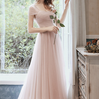 Pink tulle long prom dress A line evening dress - Thumbnail 6