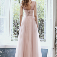 Pink tulle long prom dress A line evening dress - Thumbnail 7