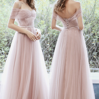 Pink tulle long prom dress A line evening dress - Thumbnail 1