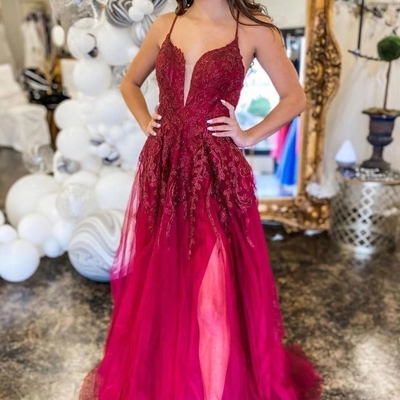 Elegant a-line v neck dark red tulle prom evening dress with lace appliques - Thumbnail 4