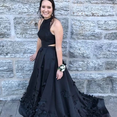 Black halter satin long prom dresses with handmade flowers,evening party dresses - Thumbnail 4