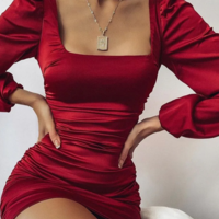 Retro Slim Puff Sleeve Open Back Dress - Thumbnail 2