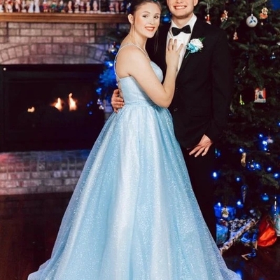 Unique a-line scoop neck cross back sky blue sparkly prom dresses - Thumbnail 5