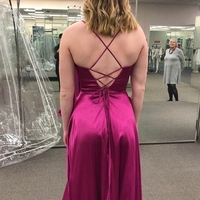 Simple A-Line V Neck Fuchsia Satin Long Prom Evening Dress with Side Split - Thumbnail 1