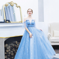 Blue tulle sequins long prom dress A line evening dress - Thumbnail 1