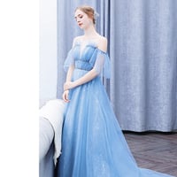 Blue tulle sequins long prom dress A line evening dress - Thumbnail 4