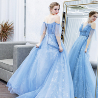 Blue tulle sequins long prom dress A line evening dress - Thumbnail 2