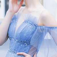 Blue tulle sequins long prom dress A line evening dress - Thumbnail 3