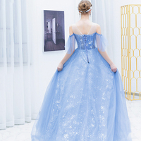 Blue tulle sequins long prom dress A line evening dress - Thumbnail 6
