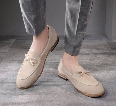 New Style Beige Loafers Hand Stitch Suede Shoes