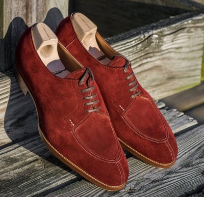 Men's Burgundy Suede Split Toe Design Handmade Lace Up Dress Shoes