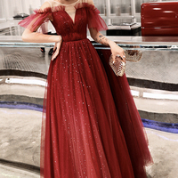 Stylish tulle sequins long A line prom dress evening dress - Thumbnail 1