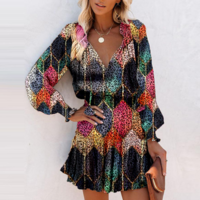 Long Sleeve Print Leopard Print Dress - Thumbnail 1
