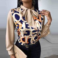 Long Sleeve Bowknot Letter Pattern Printed Shirt - Thumbnail 1