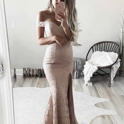 Charming prom dress, sexy evening dress, split side long prom dress with lace,891