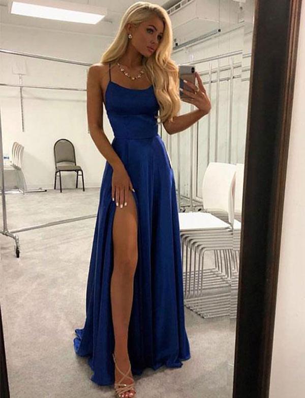 Simple Navy Blue Long Prom Dresses Split Front Evening Party Dresses,124