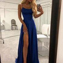 Simple Navy Blue Long Prom Dresses Split Front Evening Party Dresses,124