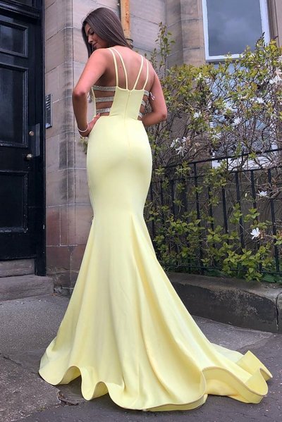 Simple sweetheart yellow mermaid satin long prom dress yellow formal dress,126