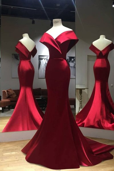 Gorgeous Red Off Shoulder Mermaid Evening Gowns,Sweep Train Red Prom Dress,Formal Dress,127