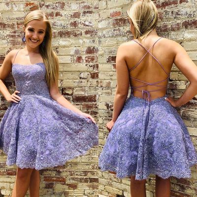 Cute straps purple lace short homecoming dress,129