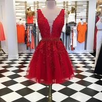 Simple Red Applique Lace Homecoming Dress,Straps V-Neck Short Prom Dress,Sweet 16 Dress,130 - Thumbnail 2