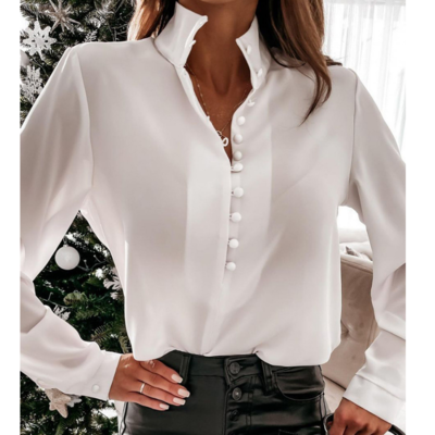 Long sleeve fashion white buttoned top shirt - Thumbnail 5