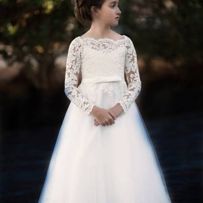 Elegant white/ivory long sleeve appliques first communion dresses for girls  floor length flower girl wedding dresses,131