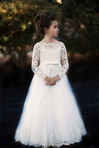 Elegant White/Ivory Long Sleeve Appliques First Communion Dresses for Girls  Floor length Flower Girl Wedding Dresses,131