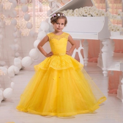 Yellow lace ball gown court train sheer first communion dresses for wedding girls formal dresses flower girl dresses,132