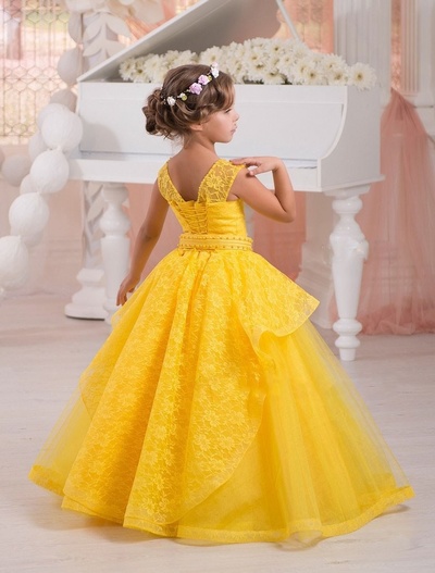 Yellow Lace Ball Gown Court Train Sheer First Communion Dresses for Wedding Girls Formal Dresses Flower Girl Dresses,132